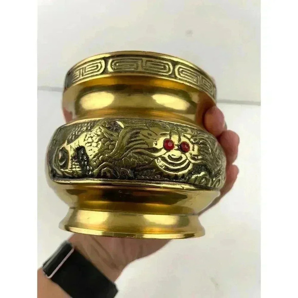 VTG Brass Chinese Dragon Bowl Small Pot Incense Etched Design 3.25" Tall - Picture 8 of 14
